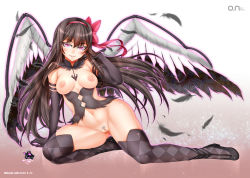 Rule 34 | 10s, 1girl, akemi homura, akuma homura, arm support, bare shoulders, black gloves, black hair, black thighhighs, blush, bow, breasts, dark orb (madoka magica), detached collar, elbow gloves, feathers, female pubic hair, full body, gloves, hair bow, hairband, long hair, looking at viewer, mahou shoujo madoka magica, mahou shoujo madoka magica: hangyaku no monogatari, md5 mismatch, medium breasts, navel, nipples, no bra, no panties, oni-noboru, pink eyes, pubic hair, pussy, red hairband, revision, smile, solo, soul gem, spoilers, thighhighs, uncensored, wings