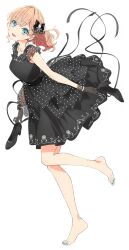 Rule 34 | 1girl, :d, aqua eyes, aqua nails, barefoot, black bow, black footwear, black gloves, bow, breasts, collarbone, crossed bangs, dress, frilled dress, frills, full body, game cg, gloves, hair bow, hair ornament, high heels, hinoshita kaho, hinoshita kaho (17th birthday), holding, holding shoes, leg up, link! like! love live!, love live!, medium breasts, medium dress, medium hair, nail polish, non-web source, official alternate costume, official art, open mouth, orange hair, ponytail, rabbit hair ornament, shoes, simple background, sleeveless, sleeveless dress, smile, solo, standing, tachi-e, toenail polish, toenails, transparent background, virtual youtuber