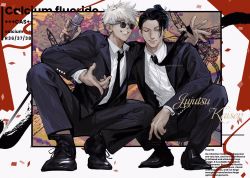 Rule 34 | 2boys, black eyes, black footwear, black hair, black jacket, black legwear, black neckwear, black pants, black suit, blue eyes, closed mouth, collared shirt, dress shirt, ear piercing, english text, formal, full body, getou suguru, gojou satoru, grin, hair between eyes, hair bun, hair pulled back, highres, holding, holding microphone, jacket, jujutsu kaisen, long sleeves, looking at viewer, male focus, microphone, multiple boys, necktie, neckwear grab, one eye closed, pants, piercing, round eyewear, shirt, shoes, short hair, single hair bun, smile, socks, squatting, suit, sunglasses, twitter username, white hair, white shirt, yud79317724