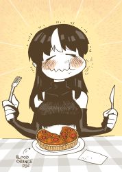 Rule 34 | 1girl, :t, absurdres, blush stickers, eating, closed eyes, facing viewer, food, fork, highres, holding, holding fork, holding knife, knife, long hair, multicolored hair, noss (rariatto), original, pie, plate, rariatto (ganguri), sanpaku, smile, solo, streaked hair, two-tone hair, upper body, wavy mouth, yellow background