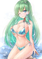 Rule 34 | 1girl, ;), aqua bikini, bare arms, bare shoulders, bikini, blue eyes, breasts, commentary request, frog hair ornament, green hair, hair ornament, kneeling, kochiya sanae, large breasts, long hair, looking at viewer, navel, one eye closed, partial commentary, simple background, smile, snake hair ornament, solo, stomach, swimsuit, thighs, touhou, very long hair, white background, y2