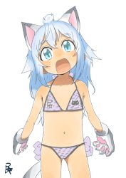 Rule 34 | 1girl, animal ears, bikini, blue eyes, blue hair, child, cowboy shot, female focus, halterneck, halterneck, looking at viewer, matching hair/eyes, navel, open mouth, satsuyo, simple background, solo, swimsuit, tail, white background