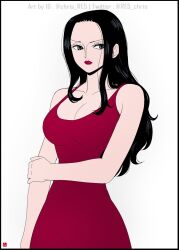 Rule 34 | 1girl, black border, black hair, blue eyes, border, chris re5, closed mouth, commentary, dress, english commentary, hand on own arm, instagram username, long hair, looking to the side, nico robin, one piece, pink dress, red dress, red lips, sidelocks, simple background, sleeveless, sleeveless dress, solo, twitter username, white background