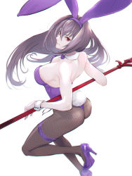 Rule 34 | 1girl, animal ears, ass, bare shoulders, breasts, chromatic aberration, cleavage, closed mouth, detached collar, fake animal ears, fate/grand order, fate (series), fishnet pantyhose, fishnets, gae bolg (fate), hair between eyes, hairband, high heels, large breasts, leotard, long hair, looking at viewer, official alternate costume, pantyhose, pink eyes, playboy bunny, polearm, purple footwear, purple hair, purple hairband, purple leotard, rabbit ears, rabbit tail, scathach (fate), scathach (piercing bunny) (fate), shoes, solo, spear, strapless, strapless leotard, tail, thigh strap, weapon, wrist cuffs, zuwai kani