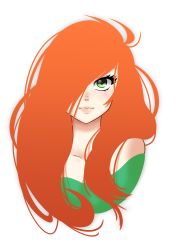 Rule 34 | 1girl, bare shoulders, eyelashes, freckles, green eyes, hair over one eye, highres, kawa-v, lips, long hair, looking at viewer, original, red hair, solo, upper body