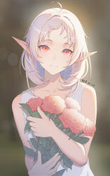 Rule 34 | 1girl, absurdres, ahoge, artist name, bare shoulders, bouquet, closed mouth, collarbone, dated, dress, flower, highres, looking at viewer, medium hair, mushoku tensei, pointy ears, red eyes, sleeveless, sleeveless dress, solo, sylphiette (mushoku tensei), user uput7272, white dress, white hair