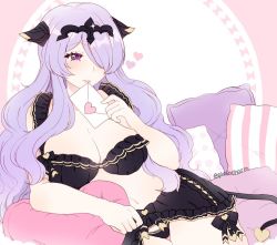 Rule 34 | 1girl, bad id, bad twitter id, breasts, camilla (fire emblem), cleavage, envelope, fire emblem, fire emblem fates, hair over one eye, heart, holding, holding envelope, large breasts, long hair, nintendo, parted lips, pillow, plushcharm, purple eyes, purple hair, solo, tiara, twitter username