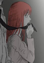 1girl 1other absurdres black_necktie chainsaw_man crosshatching crying eyelashes from_side gradient_background hair_down hatching_(texture) height_difference highres holding_necktie makima_(chainsaw_man) necktie open_mouth pink_shirt red_hair senaka_look shirt snot streaming_tears tears yellow_eyes