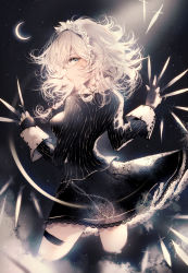 Rule 34 | 1girl, alternate costume, between fingers, black dress, breasts, closed mouth, commentary request, contrapposto, cowboy shot, crescent moon, cropped legs, dark background, dress, floral print, from behind, green eyes, highres, holding, holding knife, izayoi sakuya, knife, long sleeves, looking at viewer, looking back, maid headdress, majamari, medium breasts, medium hair, moon, night, night sky, profile, silver hair, sky, solo, standing, star (sky), starry sky, striped, touhou, vertical stripes, white headwear