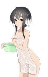 Rule 34 | 10s, 1girl, ariyoshi gen, black hair, blush, covering privates, eyebrows, flat chest, highres, kantai collection, looking at viewer, multicolored hair, naked towel, nude cover, simple background, smile, solo, thick eyebrows, tokitsukaze (kancolle), towel, two-tone hair, wet, white background, white hair, yellow eyes