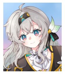 Rule 34 | 1girl, ahoge, black bow, black jacket, blush, border, bow, chinese commentary, collared shirt, commentary request, firefly (honkai: star rail), gradient background, gradient eyes, grey hair, hair bow, hair ornament, head tilt, honkai: star rail, honkai (series), jacket, liz4914439, long hair, multicolored eyes, portrait, purple eyes, shirt, simple background, smile, solo, white border, white shirt