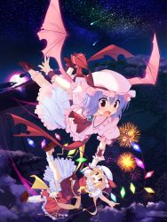 Rule 34 | 2girls, aerial fireworks, blonde hair, female focus, fireworks, flandre scarlet, flying, from above, full moon, holding hands, hat, light purple hair, moon, multiple girls, night, night sky, open mouth, pointing, red eyes, remilia scarlet, shooting star, short hair, siblings, sisters, sky, t-ray, touhou, wings, wrist cuffs