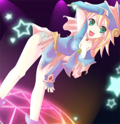 Rule 34 | 1girl, blonde hair, blush, breasts, cleavage, dark magician girl, duel monster, eema, fang, gloves, green eyes, hat, leotard, long hair, lowres, open mouth, pentacle, skirt, solo, witch hat, wizard hat, yu-gi-oh!, yu-gi-oh! duel monsters