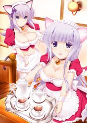 Rule 34 | 2girls, absurdres, animal ears, apron, bell, blunt bangs, breast suppress, breasts, cat ears, cat tail, choker, cleavage, collarbone, cryska barchenowa, cup, foreshortening, hair ornament, highres, inia sestina, large breasts, light purple hair, long hair, maid, maid apron, maid headdress, makishima azusa, midriff, multiple girls, muv-luv, muv-luv alternative, muv-luv total eclipse, navel, neck bell, outstretched arms, puffy sleeves, purple eyes, purple hair, ribbon, scan, sidelocks, smile, tail, tail ornament, tail ribbon, teacup, teapot, thighhighs, total eclipse, tray, very long hair, white legwear, wrist cuffs
