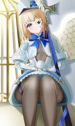 Rule 34 | 1girl, absurdres, angel wings, azuma (sospower73), azur lane, black bodysuit, black pantyhose, blonde hair, blue bow, blue bowtie, blue ribbon, blunt bangs, blush, bodystocking, bodysuit, bodysuit under clothes, bow, bowtie, breasts, capelet, center opening, closed mouth, dress, elbow gloves, eyepatch, feathered wings, feet out of frame, flower eyepatch, gloves, hat, highres, holding, holding staff, holding weapon, kepi, le terrible (azur lane), long sleeves, looking at viewer, medium hair, military hat, one eye covered, pantyhose, purple eyes, ribbon, shadow, short sleeves, sidelocks, simple background, sitting, small breasts, smile, solo, staff, thigh strap, weapon, white capelet, white dress, white gloves, white hat, wings