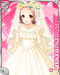 Rule 34 | 1girl, :d, bridal veil, bride, brown eyes, brown hair, dress, excited, flower, flower wreath, girlfriend (kari), gloves, jewelry, matching hair/eyes, naruse manami (girlfriend kari), necklace, official art, open mouth, pearl necklace, pink background, qp:flapper, ring, smile, tagme, veil, wedding band, wedding dress, white dress, white flower, white gloves