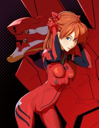 Rule 34 | 1girl, blue eyes, blush, bodysuit, breasts, brown hair, eva 02, gatjensb, hand in own hair, highres, interface headset, lips, long hair, looking at viewer, mecha, medium breasts, neon genesis evangelion, plugsuit, red bodysuit, robot, shiny clothes, simple background, smile, solo, souryuu asuka langley, standing, two side up