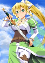 Rule 34 | 10s, 1girl, blonde hair, breasts, cleavage, cowboy shot, elf, green eyes, holding, leafa, long hair, medium breasts, miri (ago550421), pointy ears, revision, scabbard, sheath, side ponytail, sketch, smile, solo, sword, sword art online, unsheathing, weapon, white background