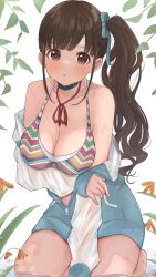 Rule 34 | 1girl, absurdres, arm support, arm under breasts, bare shoulders, barefoot, bikini, blue jumpsuit, blue ribbon, blush, breasts, brown eyes, brown hair, cleavage, collarbone, flower, hair ribbon, highres, idolmaster, idolmaster shiny colors, jumpsuit, kneeling, large breasts, lips, long hair, long sleeves, looking at viewer, multicolored bikini, multicolored clothes, neck ribbon, off shoulder, parted lips, red eyes, red ribbon, ribbon, see-through, short jumpsuit, side ponytail, socks, solo, sonoda chiyoko, swimsuit, tree, wakaayu3, water, wet, wet clothes, white background, zipper