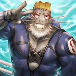 Rule 34 | 1boy, bald, bara, beard, blue bodysuit, bodysuit, boku no hero academia, chest harness, colored skin, diving suit, facial hair, fins, fish boy, furry, furry male, goggles, goggles on head, grey skin, grin, harness, huzzhuz, large pectorals, looking at viewer, male focus, mature male, muscular, muscular male, pectoral cleavage, pectorals, selkie (boku no hero academia), smile, solo, sparkle, upper body, v, water, wet, wetsuit, whiskers