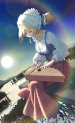 Rule 34 | 1girl, aki rosenthal, black footwear, blonde hair, blouse, blue shirt, blush, commission, corset, detached hair, dutch angle, closed eyes, frills, hair bun, head scarf, highres, hololive, instrument, lens flare, long skirt, music, outdoors, playing instrument, red skirt, shirt, short hair, single hair bun, sitting, skirt, sky, smile, snow, solo, star (sky), starry sky, sunrise, traditional clothes, tree, twin (tt lsh), virtual youtuber, white shirt