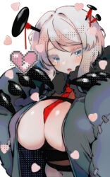 Rule 34 | 1girl, between breasts, blue eyes, breasts, claws, cleavage, coat, e.g.o (project moon), faust (project moon), grey coat, heart, highres, huge breasts, limbus company, long sleeves, nail, necktie, open mouth, paw sleeves, pixel heart, project moon, red necktie, short hair, simple background, solo, upper body, white background, white hair, y0ru73