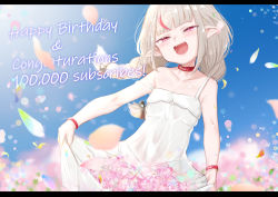 Rule 34 | 1girl, :d, bare arms, bare shoulders, belt collar, blue sky, blush, braid, collar, congratulations, day, dress, field, flower, flower field, grey hair, half-closed eyes, happy birthday, head tilt, highres, letterboxed, looking at viewer, makaino ririmu, makaino ririmu (3rd costume), nijisanji, open mouth, outdoors, pink flower, pointy ears, skirt hold, sky, smile, solo, spaghetti strap, standing, strap slip, twin braids, utsusumi kio, virtual youtuber, white dress, wristband