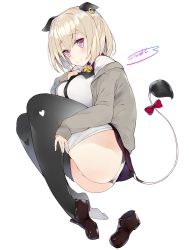 Rule 34 | 1girl, animal ears, artist name, bad id, bad twitter id, bell, black pantyhose, blonde hair, blush, bow, breasts, brown footwear, cardigan, clothes pull, collar, commentary, cow ears, cow girl, cow tail, highres, jingle bell, kou mashiro, large breasts, loafers, looking at viewer, neck bell, original, pantyhose, pantyhose pull, purple eyes, red bow, shirt, shoes, unworn shoes, short hair, signature, simple background, single shoe, sleeves past wrists, smile, solo, tail, tail bow, tail ornament, thighs, white background, white shirt