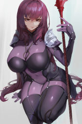 Rule 34 | 1girl, absurdres, armor, bodysuit, breasts, covered navel, fate/grand order, fate (series), gae bolg (fate), hair between eyes, highres, kataku musou, large breasts, long hair, looking at viewer, pauldrons, polearm, purple bodysuit, purple hair, red eyes, scathach (fate), seiza, shoulder armor, sitting, solo, spear, thighs, weapon, white background