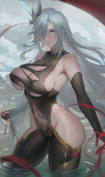 Rule 34 | 1girl, absurdres, black bodysuit, blue eyes, bodysuit, breasts, bridal gauntlets, covered navel, earrings, genshin impact, gold trim, hair ornament, hair over one eye, highres, hip vent, jewelry, jiam009, large breasts, long hair, looking at viewer, parted lips, red ribbon, revision, ribbon, shenhe (genshin impact), single earring, skindentation, solo, tassel, tassel earrings, torn bodysuit, torn clothes, very long hair, wading, water, wet, white hair, wide hips