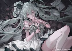 Rule 34 | 1girl, absurdres, black ribbon, deadprince, dress, flower, grey eyes, grey hair, hair between eyes, hair ribbon, highres, holding, holding flower, long hair, looking at viewer, lying, on back, original, parted lips, pink flower, ribbon, sheet music, solo, strapless, strapless dress, thighhighs, twintails, very long hair, weibo watermark, white dress, white flower, white thighhighs