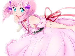 Rule 34 | 1girl, aqua eyes, bad id, bad pixiv id, choker, cosplay, dress, estellise sidos heurassein, fujimo nao, hair ornament, hairpin, pafeko, pink dress, pink hair, pink theme, reala (cosplay), reala (tales), see-through, short hair, simple background, smile, solo, tales of (series), tales of destiny 2, tales of vesperia, white background