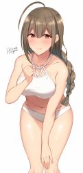 Rule 34 | 1girl, ahoge, artist name, bare arms, bare shoulders, bikini, blush, braid, breasts, brown eyes, brown hair, clenched hand, closed mouth, collarbone, commentary request, feet out of frame, hair between eyes, highres, hiiragi hazime, idolmaster, idolmaster shiny colors, kuwayama chiyuki, large breasts, leaning forward, long hair, looking at viewer, navel, sidelocks, signature, single braid, smile, solo, standing, swimsuit, thighs, white bikini