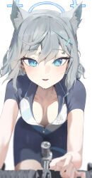 Rule 34 | 1girl, absurdres, animal ear fluff, animal ears, bicycle, bike shorts, blue archive, blush, breasts, breasts apart, collarbone, downblouse, extended downblouse, grey hair, halo, highres, kji (rozo), looking at viewer, medium breasts, mismatched pupils, navel, no bra, official alternate costume, partially unzipped, riding, riding bicycle, shiroko (blue archive), shiroko (cycling) (blue archive), smile, solo, sweatdrop, wolf ears