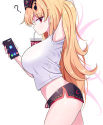 Rule 34 | 1girl, ?, arm up, armpits, arms behind back, black hat, black shorts, blonde hair, bow, breasts, cellphone, closed mouth, crescent, crescent print, drink, drinking, earrings, gradient hair, hair between eyes, hands up, hat, highres, jewelry, junko (touhou), large breasts, long hair, multicolored hair, nail polish, orange hair, phoenix crown, phone, pom pom (clothes), red bow, red eyes, red nails, shirt, short shorts, shorts, simple background, sleeveless, smartphone, solo, sseopik, t-shirt, thighs, touhou, walking, white background, white shirt
