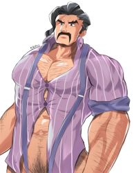 Rule 34 | 1boy, abs, arm hair, artist name, bara, black hair, brown eyes, chest hair, collared shirt, creatures (company), facial hair, feet out of frame, game freak, hairy, highres, kaido (62145659), large pectorals, looking at viewer, male focus, manly, mature male, muscular, muscular male, mustache, navel, navel hair, nintendo, pectorals, pokemon, pokemon sv, saguaro (pokemon), shirt, short hair, signature, simple background, solo, thick arms, tight clothes, upper body, white background
