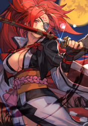 Rule 34 | 1girl, absurdres, amputee, arc system works, arm guards, armor, baiken, big hair, black jacket, black kimono, breasts, cleavage, clenched teeth, eyepatch, facial tattoo, greaves, guilty gear, guilty gear strive, highres, hungry clicker, jacket, jacket on shoulders, japanese clothes, kataginu, katana, kimono, large breasts, long hair, looking at viewer, moon, multicolored clothes, multicolored kimono, night, one-eyed, open clothes, open kimono, ponytail, red eyes, red hair, samurai, sash, scar, scar across eye, scar on face, sheath, solo, sword, tattoo, teeth, thighs, very long hair, weapon, wide sleeves