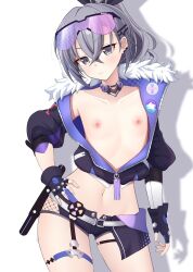 Rule 34 | 1girl, black gloves, black shorts, closed mouth, collarbone, contrapposto, cowboy shot, crop top, cropped jacket, earclip, expressionless, eyewear on head, fingerless gloves, flat chest, fur-trimmed jacket, fur trim, gloves, grey eyes, grey hair, hand on own hip, highres, hinata kokage, honkai: star rail, honkai (series), jacket, looking ahead, looking at viewer, micro shorts, midriff, navel, nipples, no bra, open fly, paid reward available, partially unzipped, shadow, shorts, silver wolf (honkai: star rail), simple background, solo, stomach, straight-on, thigh strap, variant set, white background