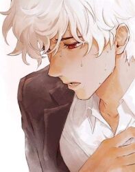 Rule 34 | 1boy, black jacket, brown eyes, dr. frost, frost (dr. frost), hand up, jacket, long hair, open mouth, shirt, simple background, solo, webtoon, white background, white hair, white shirt