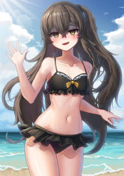 Rule 34 | 1girl, :d, absurdres, bare arms, bare shoulders, beach, bikini, black bikini, black hair, blue sky, blush, breasts, brown eyes, cleavage, cloud, cloudy sky, collarbone, commentary request, day, frilled bikini, frills, girls&#039; frontline, hand up, highres, horizon, long hair, looking at viewer, navel, ocean, one side up, open mouth, outdoors, scar, scar across eye, shaded face, sky, small breasts, smile, solo, standing, stratosphere (coom1017), swimsuit, ump45 (girls&#039; frontline), very long hair, water