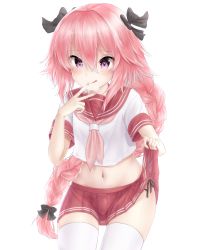 Rule 34 | 1boy, :q, absurdres, astolfo (fate), astolfo (sailor paladin) (fate), black panties, blush, braid, breath, bulge, clothes lift, cowboy shot, fate/grand order, fate (series), hair intakes, hair ribbon, heart, heart-shaped pupils, highres, long hair, looking at viewer, male focus, midriff, miniskirt, navel, neckerchief, official alternate costume, panties, pink eyes, pink hair, pink neckerchief, pink serafuku, pink skirt, pleated skirt, purple eyes, red sailor collar, red skirt, ribbon, sailor collar, school uniform, serafuku, short sleeves, side-tie panties, simple background, single braid, skirt, skirt lift, smile, solo, symbol-shaped pupils, thighhighs, tongue, tongue out, touwa iyo, trap, underwear, v, very long hair, white background, white thighhighs