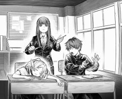 Rule 34 | 1boy, 2girls, :3, cellphone, classroom, closed eyes, desk, fern (sousou no frieren), frieren, gakuran, greyscale, highres, holding, holding phone, indoors, long hair, long sleeves, monochrome, multiple girls, open mouth, phone, pointy ears, school uniform, serafuku, sleeping, smartphone, smile, sousou no frieren, stark (sousou no frieren), teacher, teacher and student, twintails, zero808w