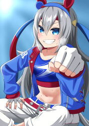 Rule 34 | 1girl, absurdres, animal ears, belt, blue background, blue eyes, blue footwear, blue jacket, blue shirt, blush, clenched hand, commentary request, crop top, fingerless gloves, flat chest, full body, gloves, grey hair, grey tail, grin, hairband, hand on own leg, headband, highres, horse ears, horse girl, horse tail, indian style, jacket, lightning bolt symbol, long hair, looking at viewer, midriff, multicolored background, navel, open clothes, open jacket, pants, shirt, shoes, sitting, smile, sneakers, solo, tail, tamamo cross (umamusume), teeth, toshima (toshima325), twitter username, umamusume, v, white gloves, white pants