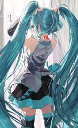 Rule 34 | 1girl, arms up, black skirt, black sleeves, black thighhighs, blue eyes, blue hair, blush, breasts, closed mouth, commentary request, curtains, detached sleeves, from behind, grey shirt, hair tie, hair tie in mouth, hatsune miku, highres, indoors, long hair, long sleeves, looking at viewer, looking back, mouth hold, pentagon (railgun ky1206), pleated skirt, shirt, skirt, sleeveless, sleeveless shirt, small breasts, solo, thighhighs, twintails, tying hair, very long hair, vocaloid, wide sleeves