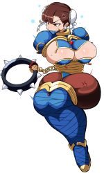 Rule 34 | 1girl, anger vein, arms behind back, bdsm, blush, bondage, bound, breasts, brown eyes, brown hair, capcom, chain, chinese clothes, chun-li, cleavage, cleavage cutout, clothing cutout, collar, covered mouth, double bun, earrings, embarrassed, feet, female focus, full body, gag, gagged, hair bun, highres, huge breasts, improvised gag, jewelry, legs, legs together, pendant, rebake, restrained, rope, simple background, solo, spiked collar, spikes, street fighter, stud earrings, sweatdrop, thick thighs, thighs, white background