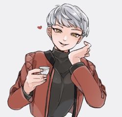Rule 34 | 1girl, animification, apex legends, black sweater, breasts, brown eyes, cup, grey background, grey hair, hair behind ear, heart, holding, holding cup, jacket, looking at viewer, medium breasts, official alternate costume, open mouth, red jacket, shimijimi, smile, solo, sweater, upper body, valkyrie (apex legends)