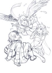 Rule 34 | 3girls, ;d, ahoge, alpha (acerailgun), android, angel, angel wings, asymmetrical wings, boots, borrowed character, cassie (acerailgun), closed eyes, cyborg, dress, feathered wings, feathers, flower, flying, ghost, hair flower, hair ornament, happy, isabelle (acerailgun), jastersin21, mechanical arms, mechanical wings, monochrome, multiple girls, one eye closed, open mouth, original, scarf, single mechanical arm, sitting, sketch, smile, striped clothes, striped scarf, thigh boots, thighhighs, wings