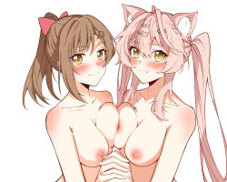 Rule 34 | 2girls, :3, absurdres, ahoge, animal ears, blush, breast press, breasts, brown hair, character request, chubb, collarbone, completely nude, fang, hair ornament, hairclip, highres, holding hands, large breasts, long hair, looking at viewer, multiple girls, nanami (virtuareal), nijisanji, nipples, nude, pink hair, ponytail, simple background, smile, symmetrical docking, twintails, upper body, virtual youtuber, virtuareal, white background, yellow eyes