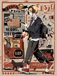 Rule 34 | 1boy, animal charm, asymmetrical legwear, autumn leaves, backpack, bag, bag charm, bishounen, black bag, black cat, black hair, black jacket, black pants, black socks, blazer, blonde hair, bow, bowtie, braid, buttons, cake, cake slice, calico, cat, cellphone, character name, charm (object), collared jacket, collared shirt, commentary, fingerprint, food, fork, from side, fruit, full body, green vest, grey background, haikyuu!!, hashtag-only commentary, hat, holding, holding phone, holding stuffed toy, jacket, kozume kenma, lapel pin, lapels, layered sleeves, light bulb, listening to music, long sleeves, looking at object, looking down, male focus, mismatched legwear, multicolored hair, necktie, notched lapels, open clothes, open jacket, orange eyes, pants, phone, photo (object), pocket, poster (object), red bow, red bowtie, red footwear, red headphones, red necktie, road sign, school uniform, shirt, shoes, short hair, sign, single braid, smartphone, sneakers, socks, solo, stamp mark, stop sign, strawberry, striped necktie, stuffed animal, stuffed cat, stuffed toy, sweater vest, tape, top hat, traditional bowtie, tuuuuuututu, two-tone hair, unworn hat, unworn headwear, vest, walking, white jacket, white shirt, white socks, zipper