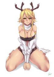 Rule 34 | 10s, 1girl, akame ga kill!, antlers, bad id, bad pixiv id, bare shoulders, blonde hair, breasts, cleavage, detached sleeves, fang, female focus, horns, kneeling, large breasts, leone (akame ga kill!), looking at viewer, scarf, short hair, simple background, smile, solo, spread legs, unko samurai, white background, white scarf, yellow eyes